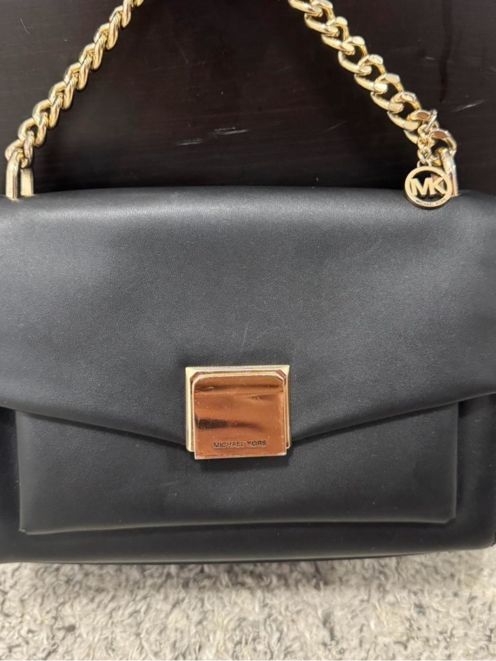 Michael Kors Black Leather Shoulder Bag with Gold Chain and Square Clasp